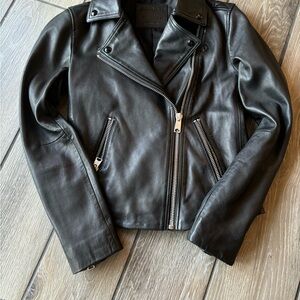 All Saints Black Leather Biker Jacket with Wide Lapel